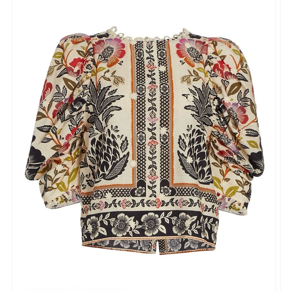 FARM Rio Romantic Garden Blouse 100% Cotton Tan w/Tropical Floral Print Sz Small - Picture 3 of 14